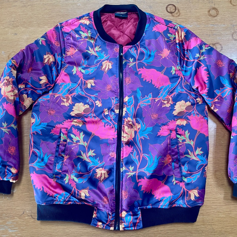 Fresh Hoods Satin Bomber Jacket Boho Floral Graphic Print All Over — Unisex L